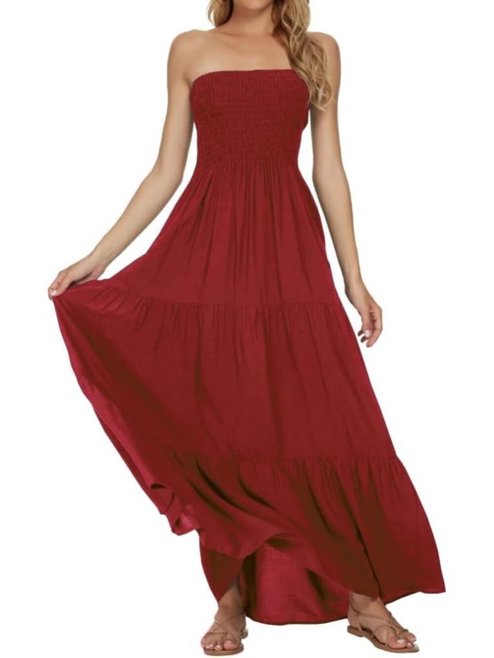 Women's Dark Red Strapless Tube Top Off Shoulder Boho Beach Long Maxi Dress